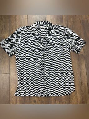 Bruno Milano Black White Blue Geometric Print Button Front Short Sleeve Shirt, L